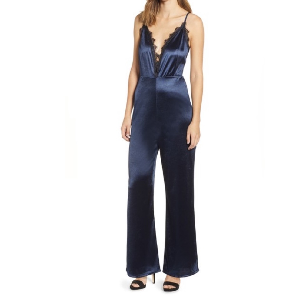 Leith Navy Blue Lace Trim Satin Romper/Jumpsuit